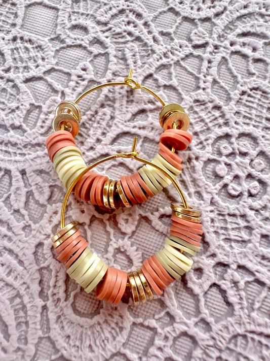 Earth Tone Heishi Beaded Hoop Earrings – Lightweight Handmade Hoops with Gold Accents