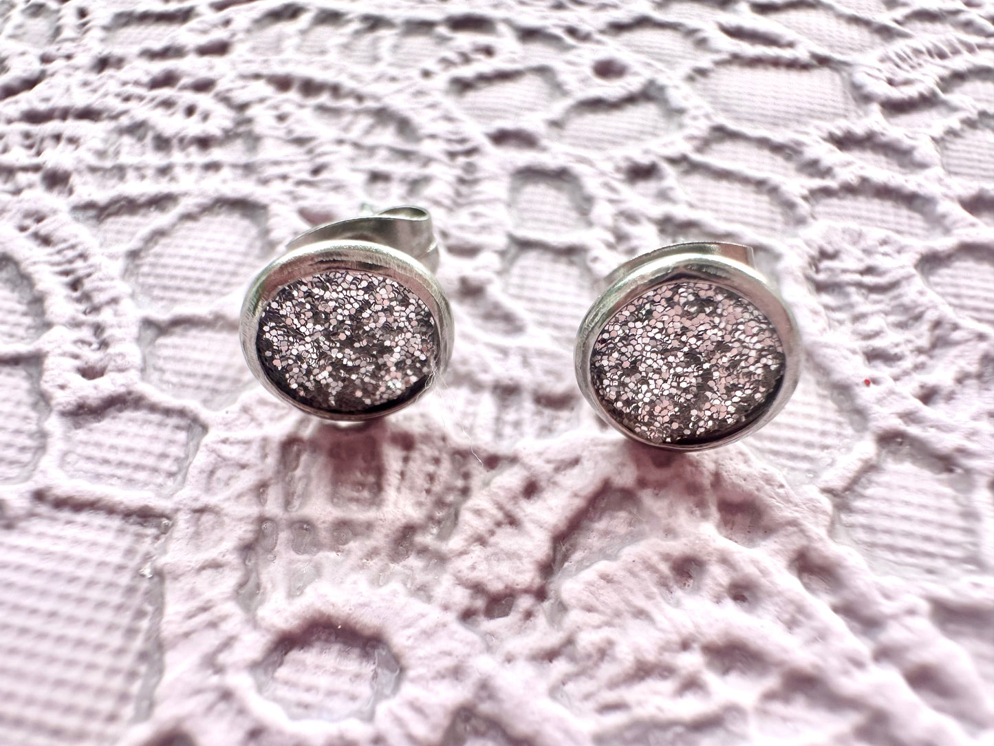 Glitter Silver Faux Leather Stud Earrings – 7mm Sparkly Handmade Studs