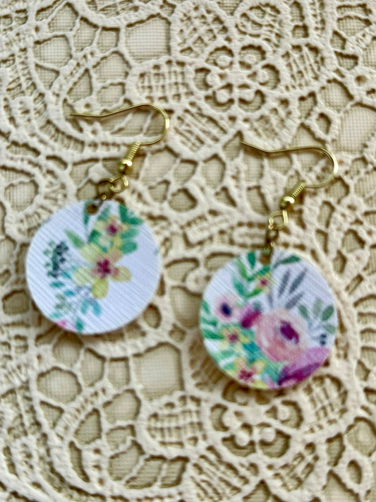 Floral Circle Earrings – 1" Faux Leather Dangle Earrings – Colorful Spring Earrings for Women
