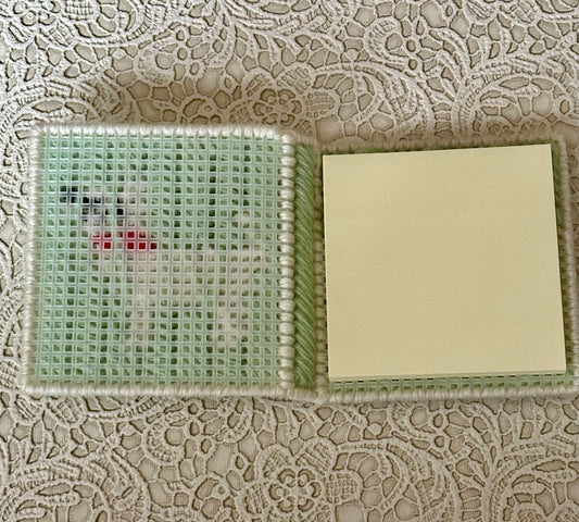 Handmade Dog Sticky Note Holder – Light Green Plastic Canvas Cover with Notepad