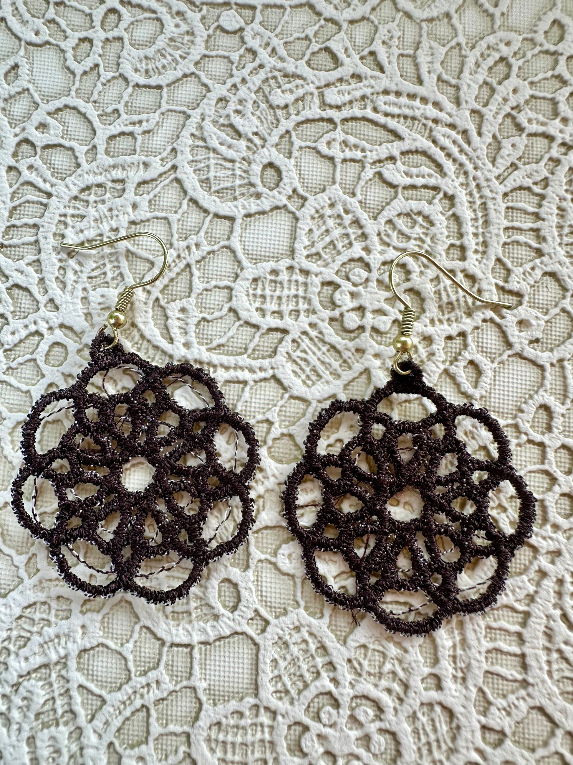 Dark Brown Free Standing Lace Earrings – 1.5" Handmade Embroidered Statement Jewelry