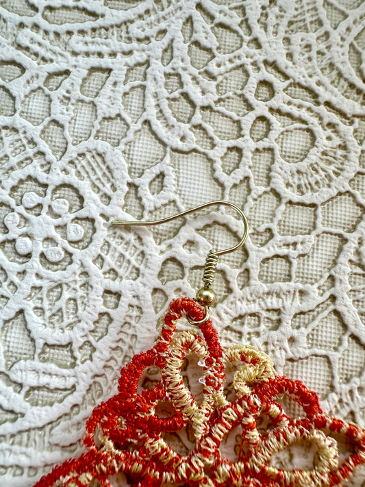 Orange and Yellow Freestanding Lace Earrings – Hand-Embroidered Thread Earrings