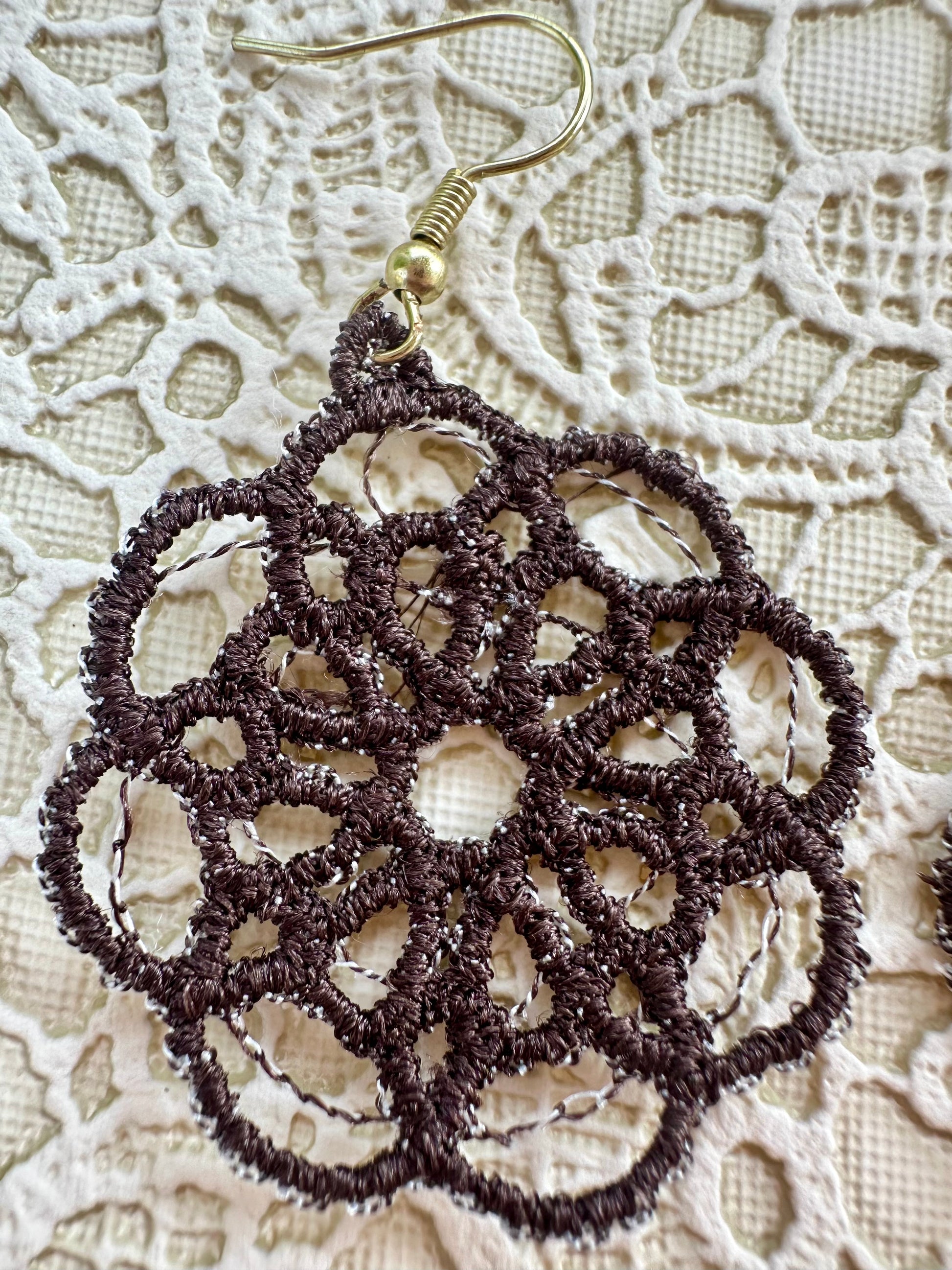 Dark Brown Free Standing Lace Earrings – 1.5" Handmade Embroidered Statement Jewelry