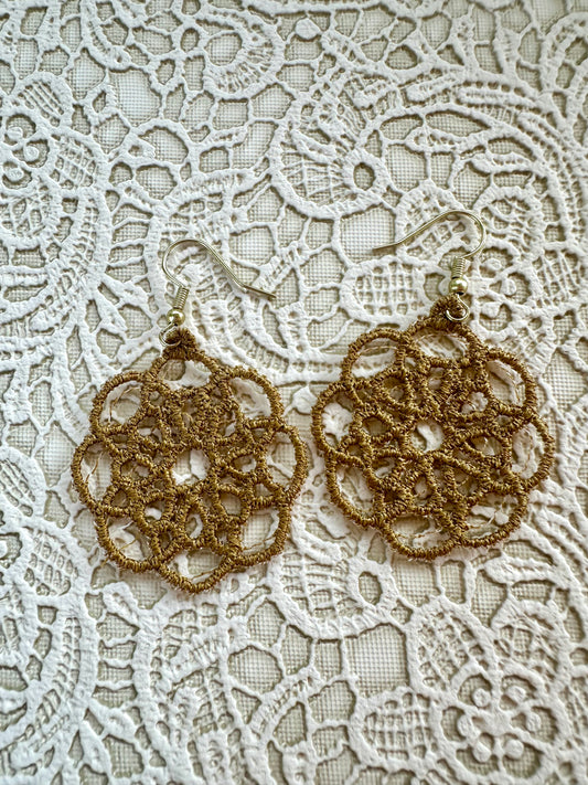 Dark Gold Free Standing Lace Earrings – Embroidered Lightweight Statement Jewelry