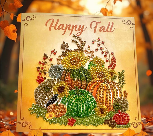 Diamond dot 6x6" card with pumpkins and leaves, featuring 'Happy Fall' text, against a blurred autumn background.