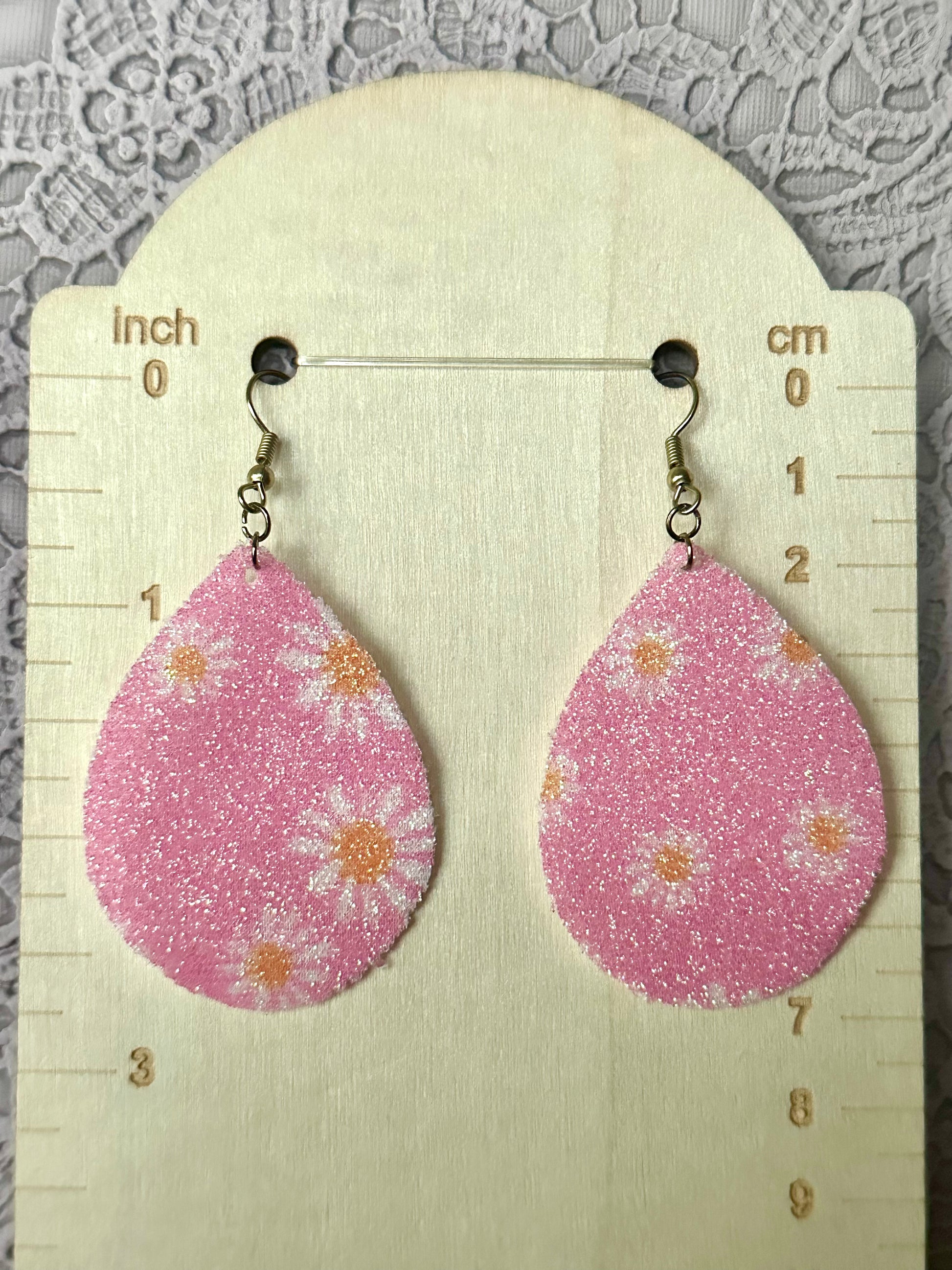Glittery Pink Daisy Teardrop Earrings – Faux Leather Spring Earrings for Women