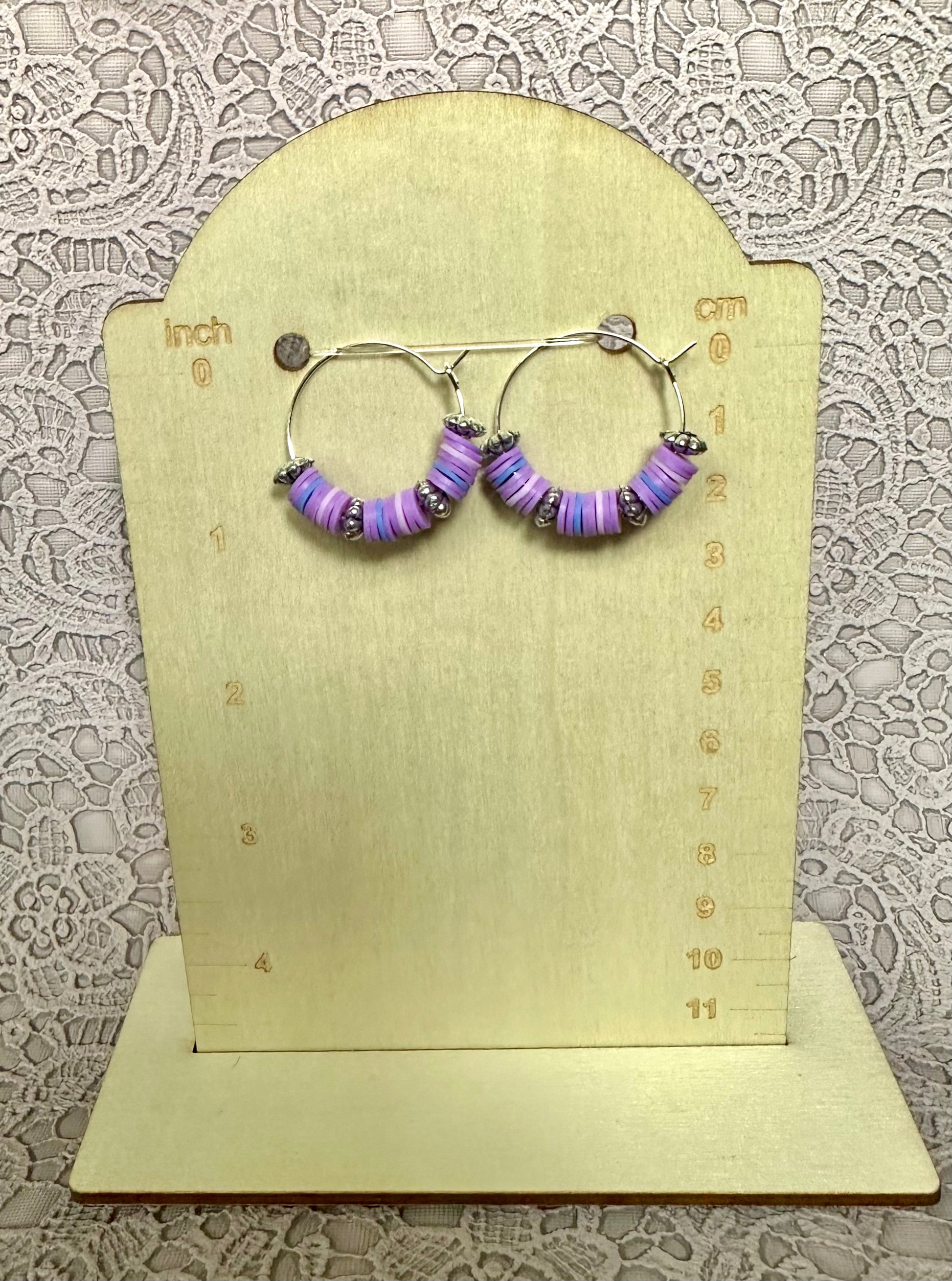 Purple Heishi Beaded Hoop Earrings – Handmade Lightweight Polymer Clay Hoops