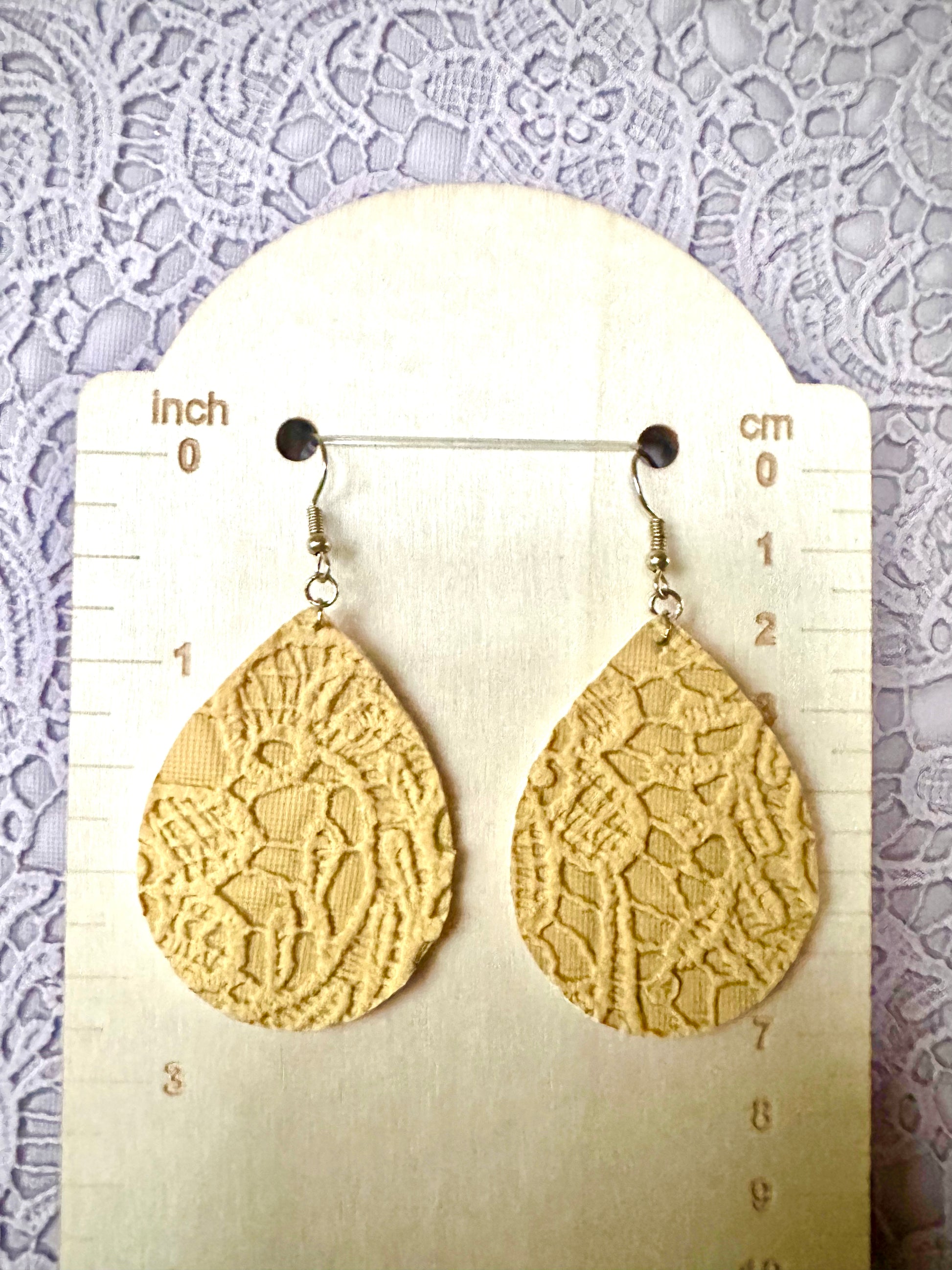 Yellow Lace Teardrop Earrings – Faux Leather Dangle Earrings – 1.5" x 2" Lightweight Fall Jewelry