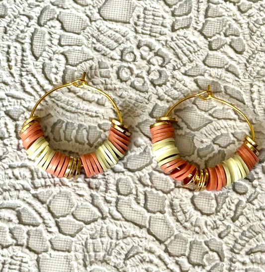 Earth Tone Heishi Beaded Hoop Earrings – Lightweight Handmade Hoops with Gold Accents