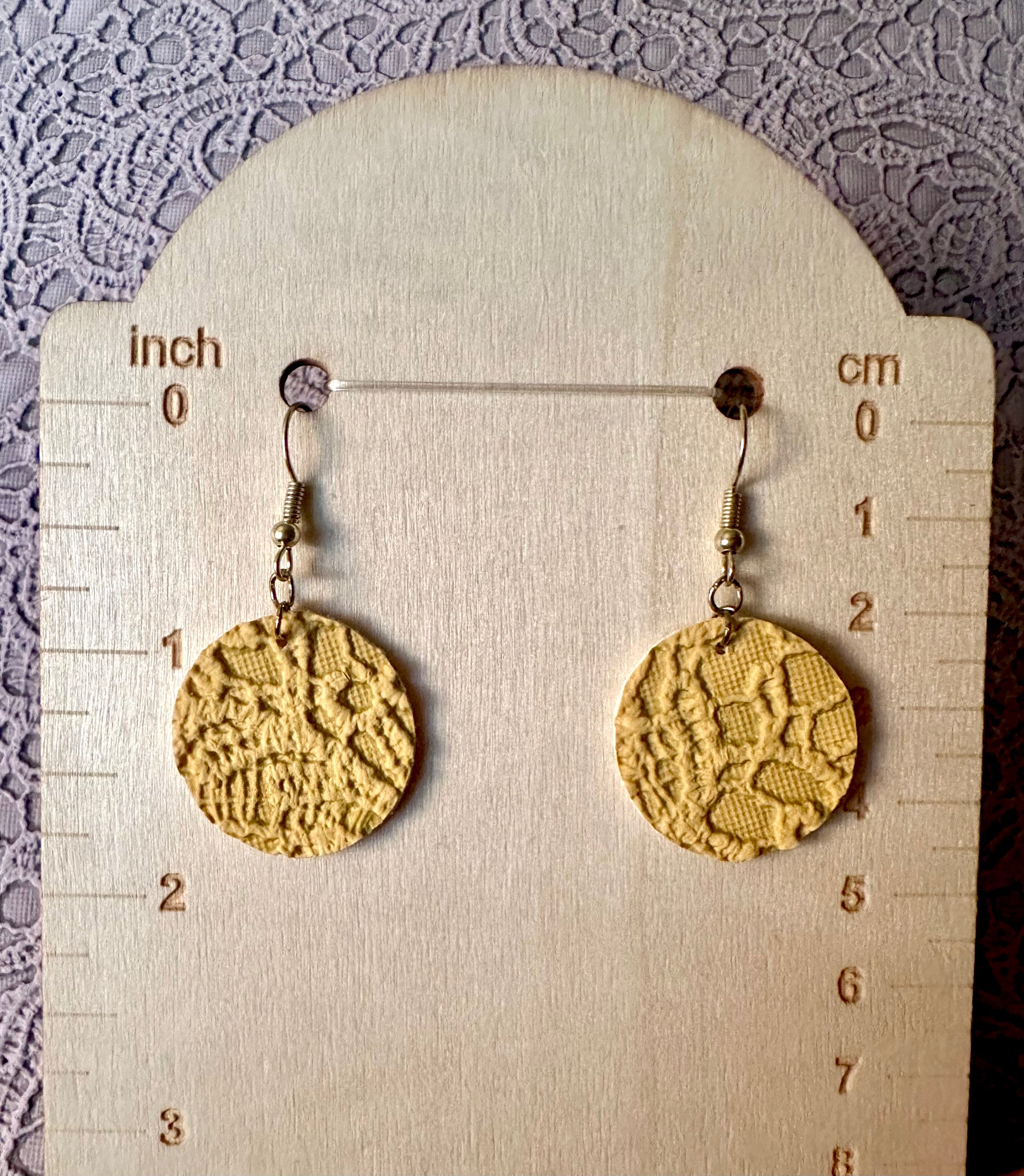 Yellow Lace Circle Earrings – Faux Leather Round Dangle Earrings – 1" Lightweight Fall Jewelry