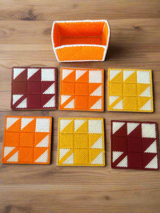 Maple Leaf Coasters – Handmade Autumn & Fall Decor Set, set of 6 orange, red, gold, white coasters with orange holder