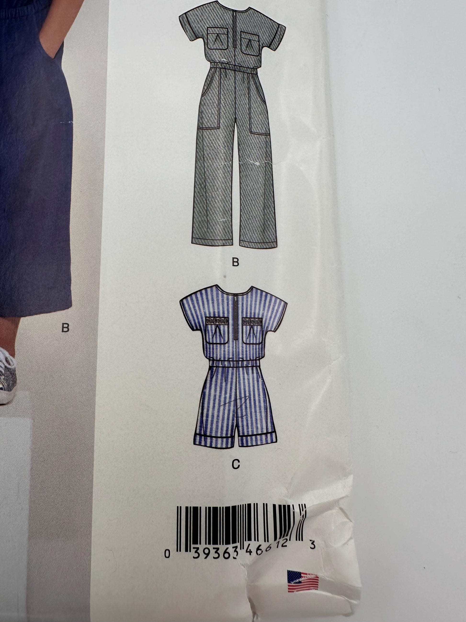 Sewing pattern for a jumpsuit with a barcode and label on a white background