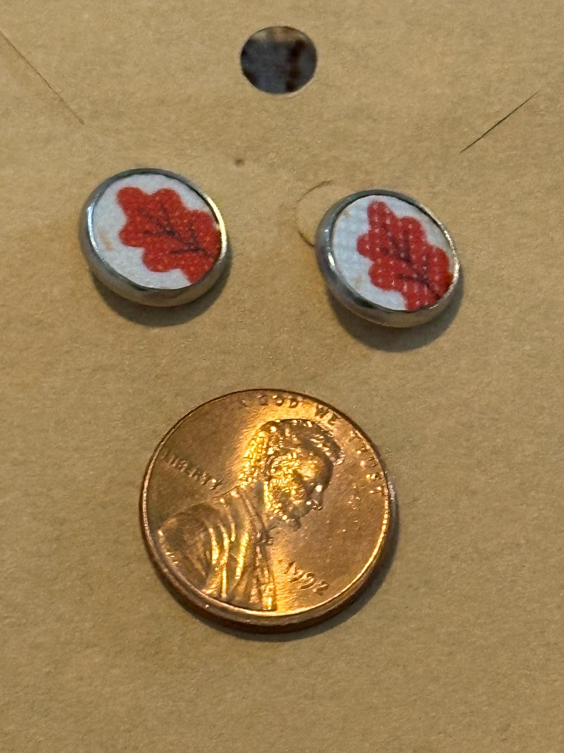 Orange Leaf Faux Leather Stud Earrings, 10 mm with penny for size